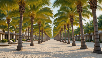 Obraz premium Alley of symmetrical palm trees along a sandy path at a tropical beach resort