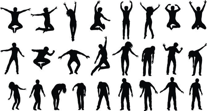 Human silhouettes, dynamic poses, jumping, dancing, standing, bending, expressive movement, posture illustration, activity icons, physical expression design