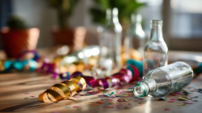 Post party scene showing empty glass bottles and scattered colorful confetti on messy floor celebration aftermath documentation end of party cleanup needed indoor setting