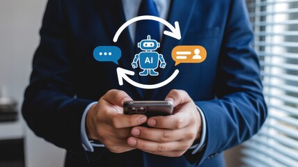 Businessman using smartphone for communication with AI chatbot virtual assistant