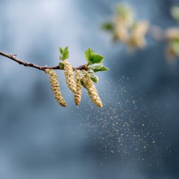 Birch catkins releasing pollen against blue sky in springtime breeze