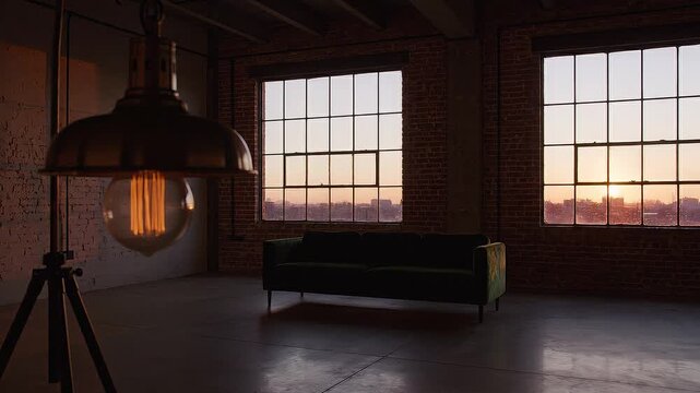 Sunset Industrial Loft Interior Vintage Lamp Casting Golden Hour Glow Through Large Factory Windows, Exposed Brick Walls And Concrete Floor, Green