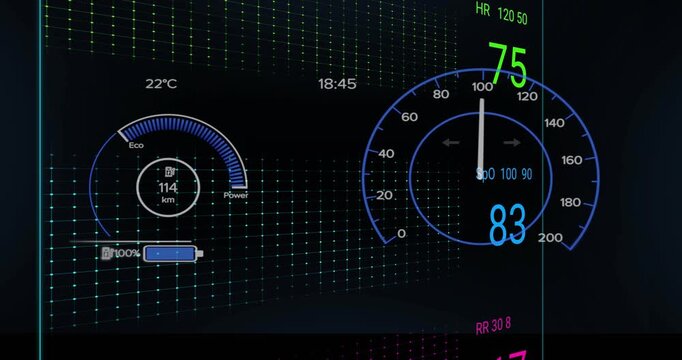Green ECG appearing, HUD cycling waves, charging battery, nudging needle, settling data for metrics