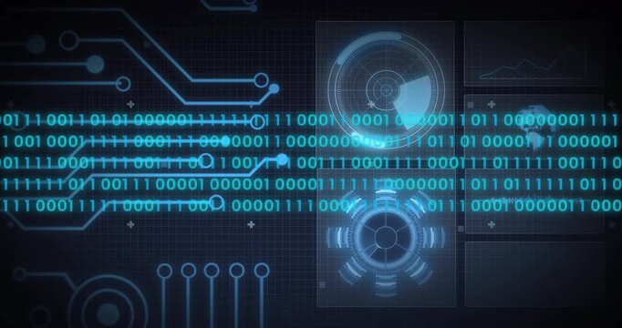 Digital interface column starting binary sweep left traces glowing HUD rings rotating and scanning