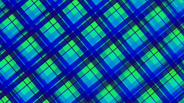 Close-up of a vibrant blue and green plaid pattern with intersecting lines