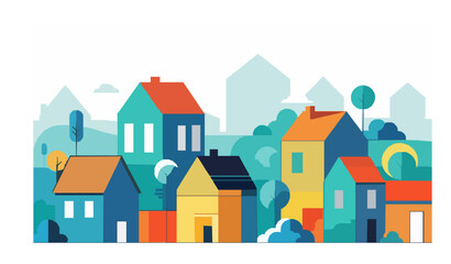Design a colorful flat-style neighborhood background with geometric houses in various shapes and sizes. Use vibrant pastel tones, simplified windows and doors, stylized trees, and clean shadows. Balan © Polash