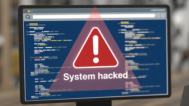 Computer screen displaying a red warning triangle and " System hacked" text with code monitor