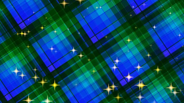 Vibrant blue and green plaid pattern with sparkling stars on a festive background