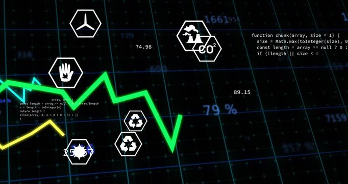 On data update, green line rising, hex icons clustering, code appearing showing emissions trend