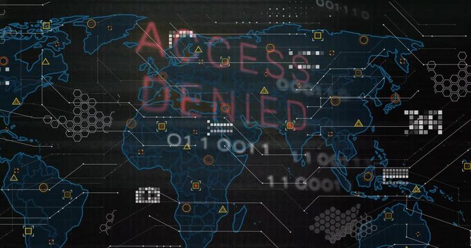 On detecting intrusion signal, world map and ACCESS DENIED text animating, nodes pulsing, warning