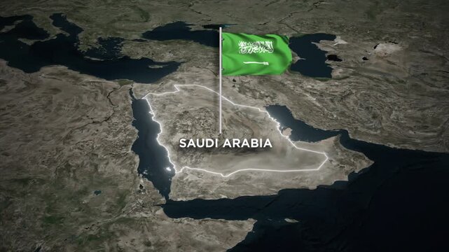 Saudi Arabia Map Animation with 3D Flag Waving of Saudi Arabia flag and Glowing Border on World Map