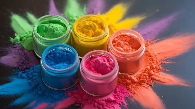 Vibrant colors of pigment powders in glass jars