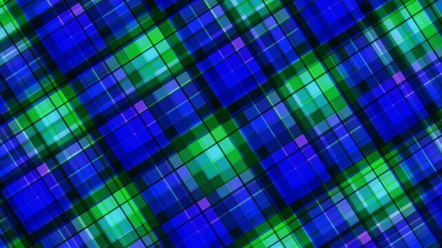 Vibrant blue and green plaid pattern with black lines on a white background