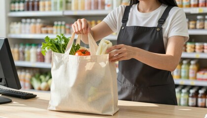Smiling cashier at supermarket checkout assisting customers with groceries in a bright environment