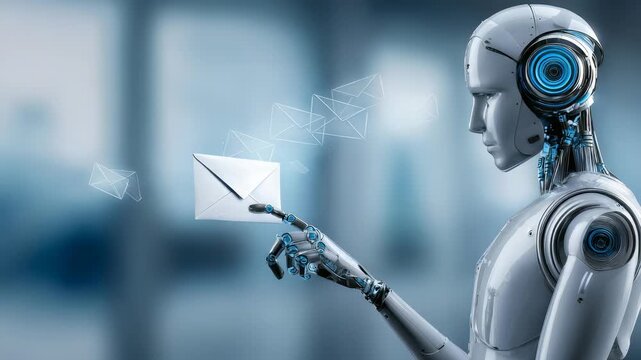 A sleek robot with metallic features touches a floating envelope icon, representing AI driven email solutions. The image highlights innovation in automated digital correspondence and smart technology