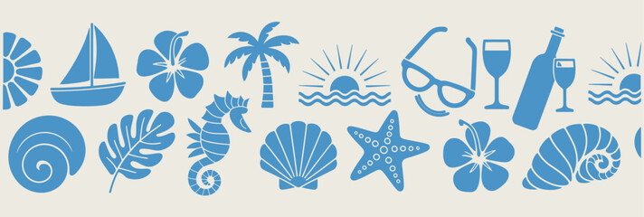 Vibrant blue silhouette icons representing a tropical beach vacation, featuring sailboats, palm trees, sunglasses, cocktails, seashells, and marine life, perfect for summer themes. © tareq