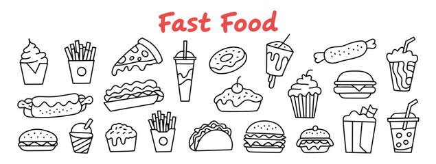 Vibrant doodle collection of popular fast food items including pizza, burgers, hot dogs, fries, donuts, tacos, and ice cream, presented with a playful, hand-drawn aesthetic.
