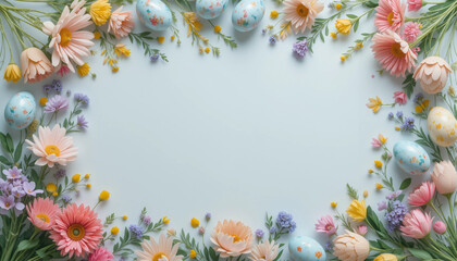 Obraz premium Easter floral frame surrounded by painted eggs on a light blue background with copy space 