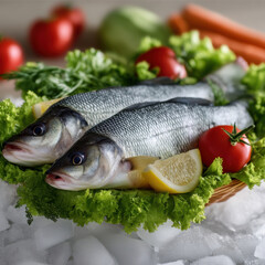 Fresh fish lettuce tomato lemon carrot and herbs arranged on ice healthy ingredients for cooking vibrant and appetizing