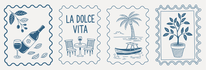 Charming hand-drawn illustrations in postage stamp style, depicting Italian 'La Dolce Vita' themes: wine, olive branches, a seaside cafe scene with a boat, and a potted citrus tree. © tareq