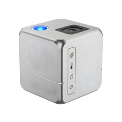 Obraz premium A small white cube shaped device with a blue light on top isolated on transparent background