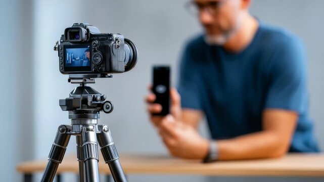 Digital camera on tripod captures content creator reviewing new technology product in bright studio. Focus is on camera setup, with reviewer, gadget softly blurred in background