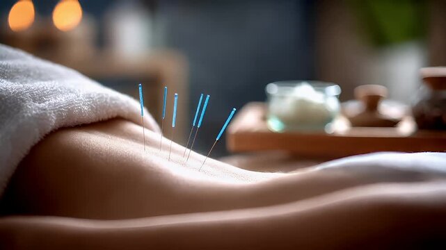 Therapy stress release treatment, health lifestyle. In this image I can see a person is lying on a white colored cloth and I can also see few needles on the persons skin.