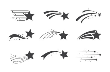 Collection of stylized shooting star with trails and sparkles