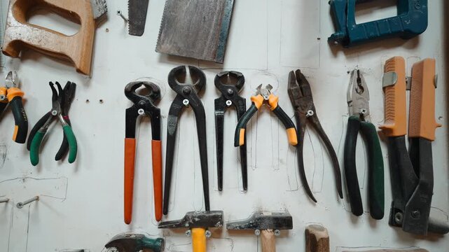 Organized handyman tools hanging on a workshop wall