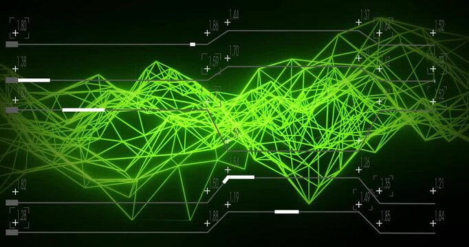 Neon-green wireframe mesh responding to scan pulse, shifting peaks right, displaying live HUD data
