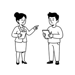 Female Manager Scolding Employee &ndash; Workplace Conflict Black and White Line Art Illustration