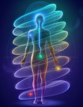 Human body visualization with glowing bio-magnetic energy field and aura