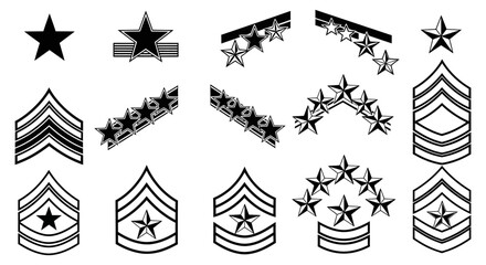 Fototapeta premium Collection of various military insignia and rank badges for different branches and ranks in black and white illustration style