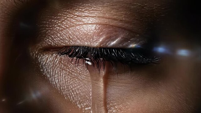 Close up of a human eye with a single tear rolling down the cheek