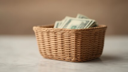 Obraz premium Trade policy impact, A wicker basket containing folded US dollar bills on a smooth surface with a neutral brown background.