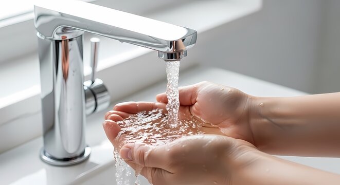 Person washing hands under running tap water in a clean bathroom.
