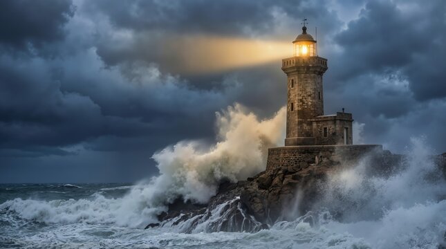 Stone lighthouse standing firm against crashing waves during dark stormy night. Hope and resilience during life challenges banner with copy space