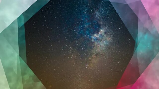 Abstract geometric shapes frame a view of the starry night sky, creating a colorful background.