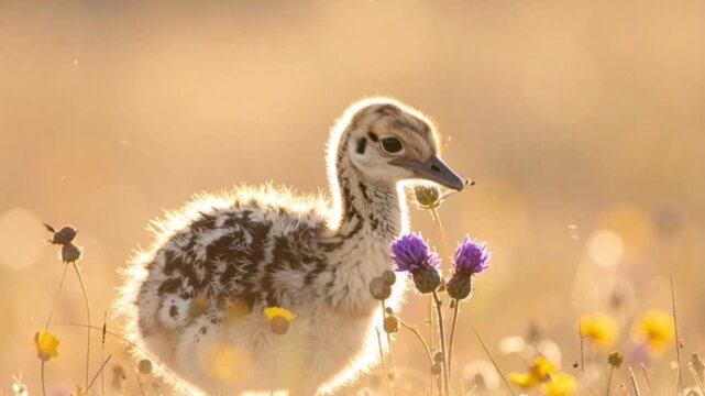 Baby-Strau&szlig; im hellen Bl&uuml;tenfeld
