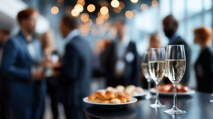 Obraz premium Sophisticated blurred background of corporate networking event in modern conference hall with faceless people in business suits mingling professional gathering with wine and appet