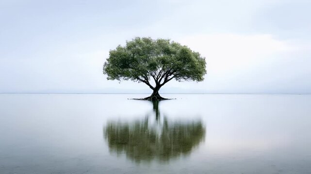 Zen Buddhism, meditation, inner peace, Chinese Japanese Asian tradition. Therapy stress release treatment, health lifestyle. A solitary tree standing in the middle of a calm lake.