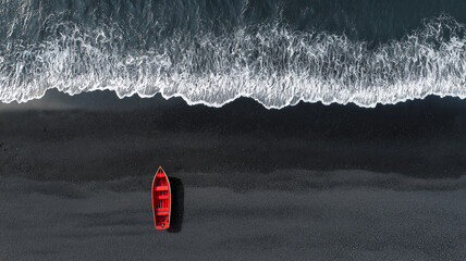 Aerial Red Boat In Dark Ocean Wave
