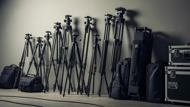 Collection of professional camera tripods and gear bags in a studio