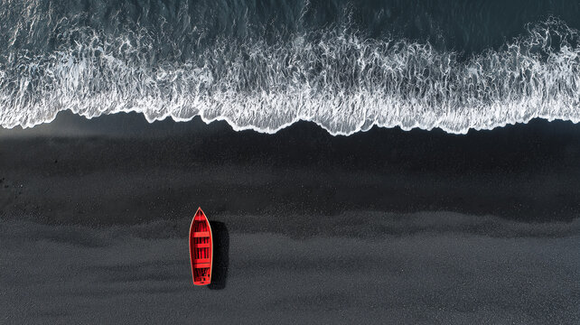 Aerial Red Boat In Dark Ocean Wave

