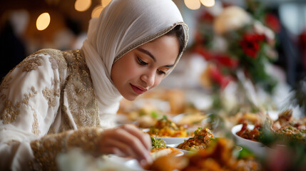 Naklejka premium Faceless young woman in elegant traditional cultural attire with headscarf at elaborate buffet catering event cultural celebration feast diverse food service gathering festive