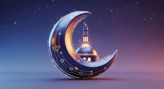 Crescent moon with mosque inside  a symbol of Ramadan and Islamic faith