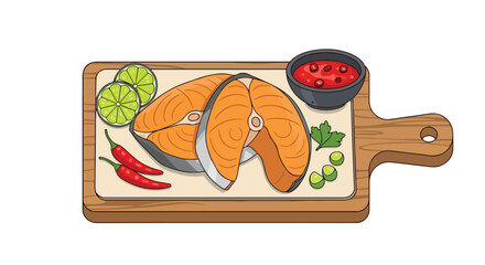 Flat lay of sliced salmon fillets on a cutting board with lime, chili peppers, and sauce.