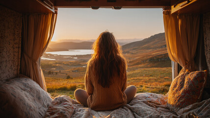 Woman Sitting At Window Watching Sunset Landscape View
