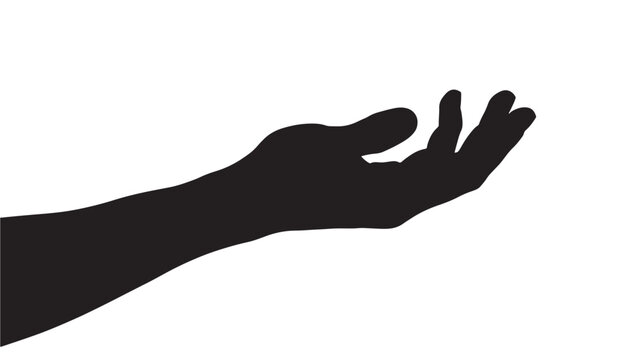 Hand silhouette reaching out with open palm gesture isolated on white background, giving help, support, offering, asking, or holding something concept concept
