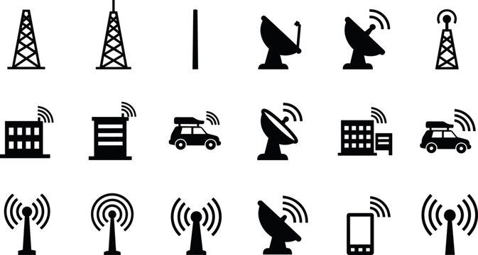 Wireless Communication and Broadcasting Icon Set with Antennas, Satellites, Signal Towers, Mobile Networks, and Technology Symbols for Telecom Vector Design